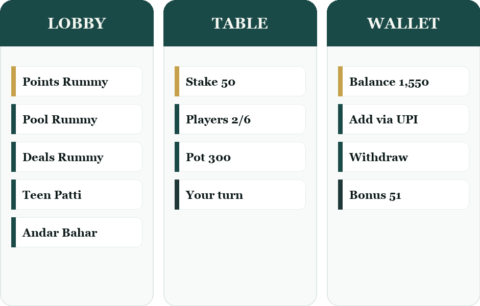 Rummy Nabob app screens