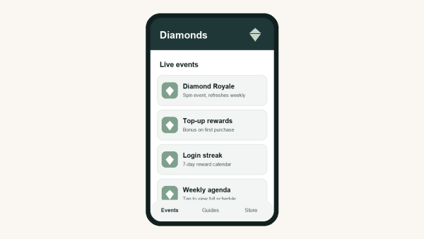 Diamonds app interface showing Free Fire event tracking and reward guides