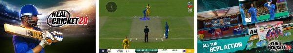 Real Cricket 20 gameplay screenshots showing batting, fielding and tournament modes