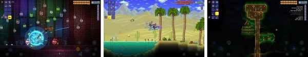 Terraria gameplay screenshots showing world exploration, building, and boss combat