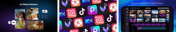 PowerDirector mobile video editor screenshots showing the multi-layer timeline, effects, and export options