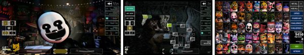 Ultimate Custom Night gameplay screenshots showing the office, camera feed, and animatronic roster