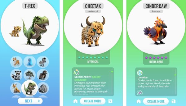 Animash gameplay screenshots showing hybrid animal fusion and the battle arena