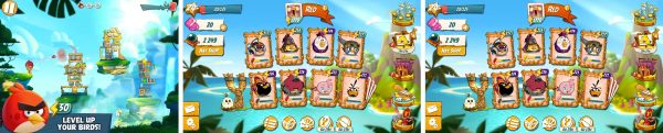 Angry Birds 2 gameplay screenshots: slingshot levels, boss pig fight, and bird roster