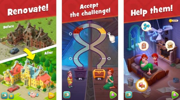 Gardenscapes gameplay: match-3 board and garden restoration