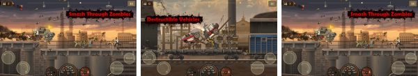 Earn to Die 2 gameplay screenshots showing the vehicle, the upgrade garage and a zombie-filled highway