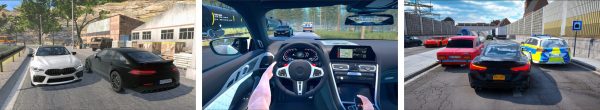 Driving School Sim gameplay screenshots: open world driving, car interior, and traffic