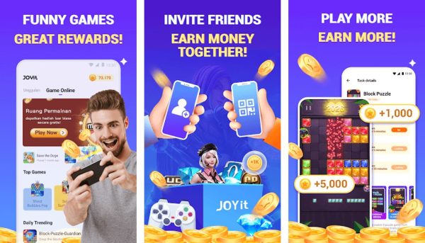 JOYit app screenshots showing the game catalogue, points dashboard, and rewards redemption