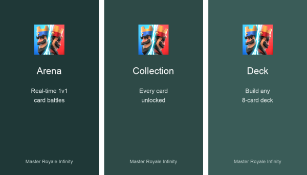 Master Royale Infinity gameplay screenshots showing the arena, card collection, and battle deck
