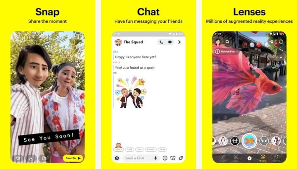 Snapchat Android screenshots showing the main interface