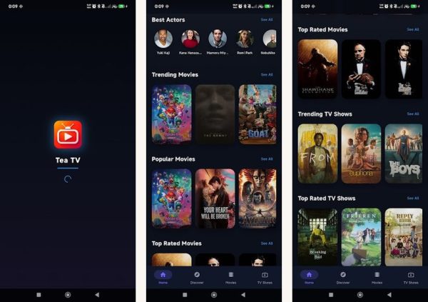 TeaTV Android screenshots showing the main interface