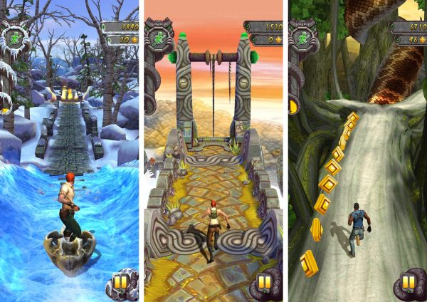 Temple Run 2 gameplay screenshots showing the jungle chase, the demonic monkey, and an explorer mid-sprint