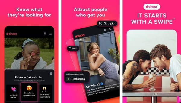 Tinder Dating App screenshots showing swipe, profile and chat views