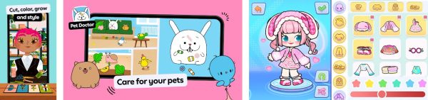 Toca Life World gameplay screenshots showing characters at home, in the city and at school