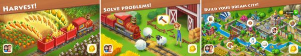 Township gameplay screenshots: farm, town center, and regatta views