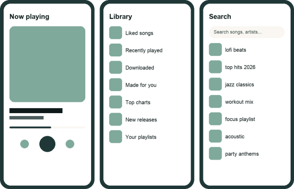 ViMusic player, library and search screens
