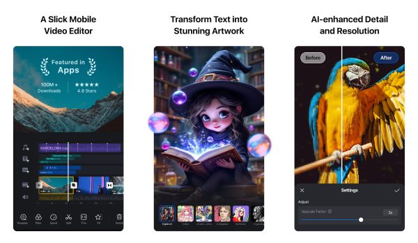 VN Video Editor screenshots showing timeline, color grading, and export view