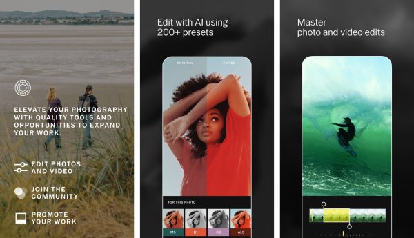 VSCO photo editor screenshots showing filters, editing tools, and gallery view