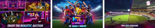 World Cricket Championship 3 gameplay screenshots showing batting, bowling, and stadium views
