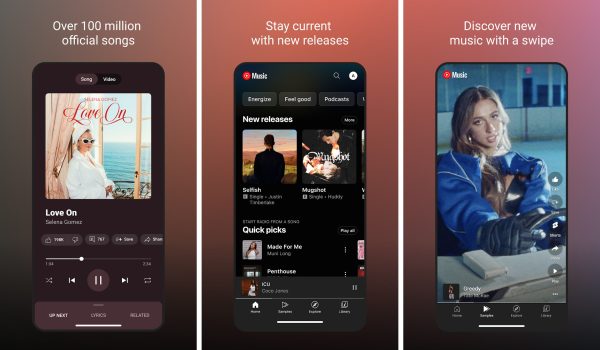 YouTube Music for Android — three screenshots showing the home, library, and now-playing views