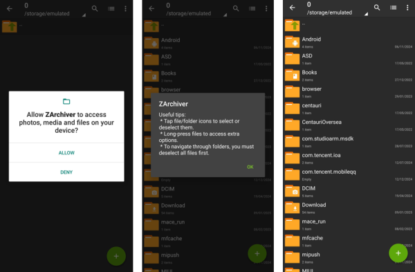 ZArchiver Pro screenshots showing the file browser and archive view
