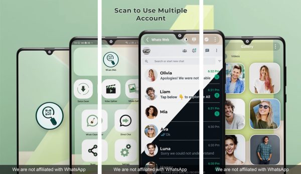 Whats Web scanner, dual chat, and status saver screens