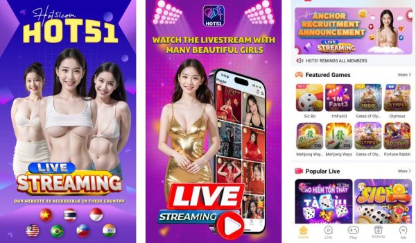 Hot51 live stream rooms and chat interface screenshots