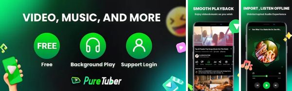 Pure Tuber app screenshots showing video playback, library and audio mode