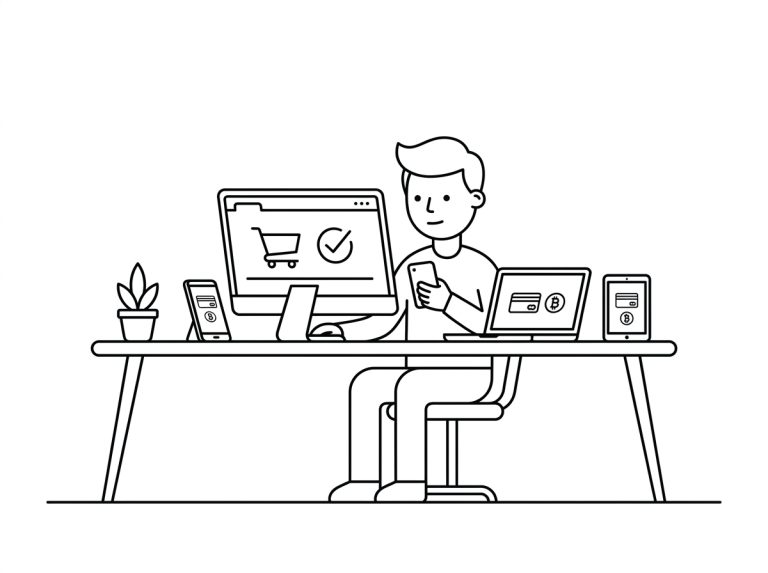 Line illustration of one buyer checking out across a desktop, phone, laptop and tablet at the same time.