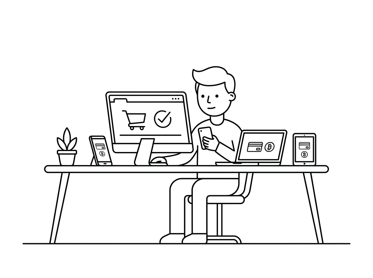 Line illustration of one person working across a desktop, a phone, a laptop and a tablet at the same desk