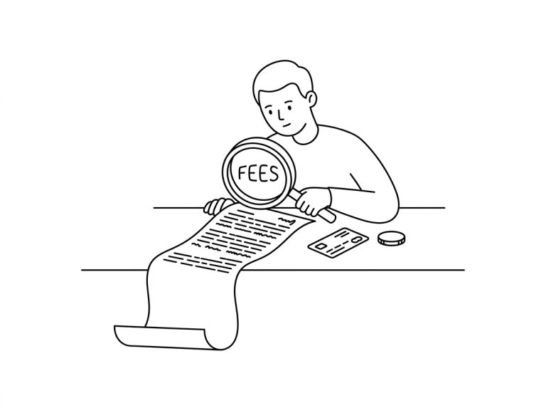 Line illustration of a person examining itemized fees and billing details through a magnifying glass.