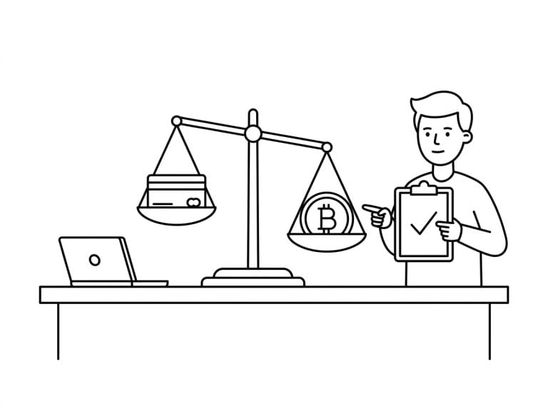 Line illustration of a person weighing options on a balance scale and checking them against a list.