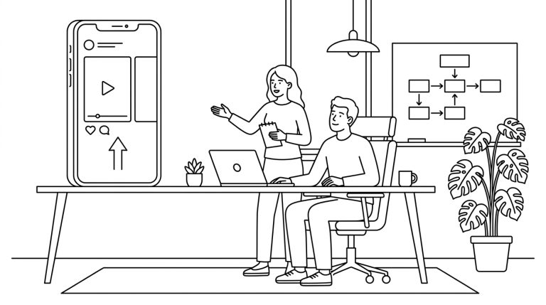 Line illustration of two people designing an app screen shown on a large phone