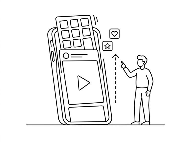 Line illustration of a phone home screen full of app icons behind a second phone playing a video