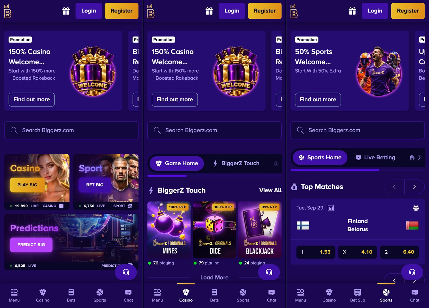 BiggerZ mobile site on Android: home, casino lobby and sportsbook screens