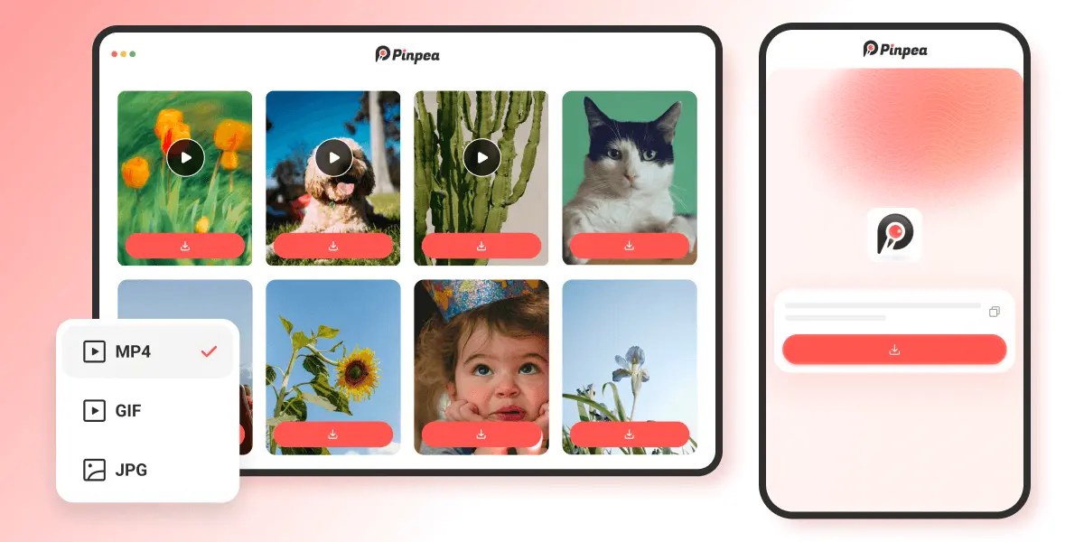Pinpea format picker offering MP4, GIF and JPG, shown on desktop next to the mobile layout