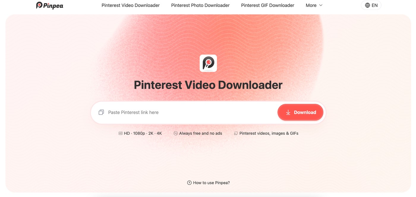 Pinpea home page with the Pinterest Video Downloader paste field and a red Download button