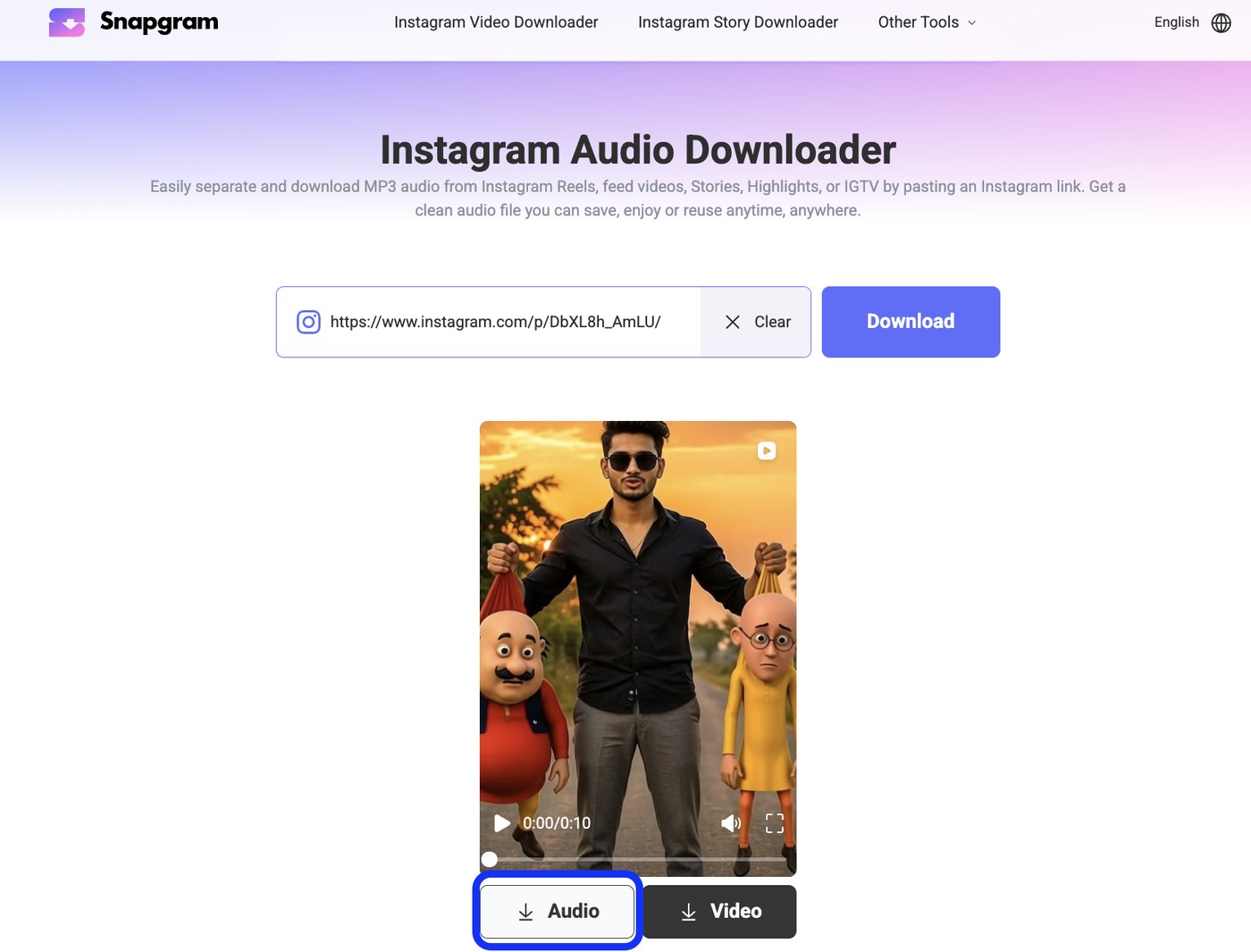 Snapgram Instagram Audio Downloader with a pasted Reel link and Audio and Video download buttons