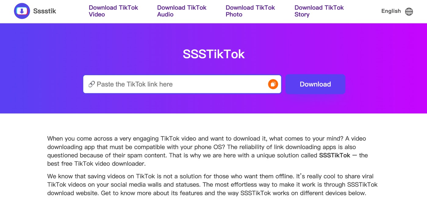 SSSTikTok home page with the TikTok link field and a Download button