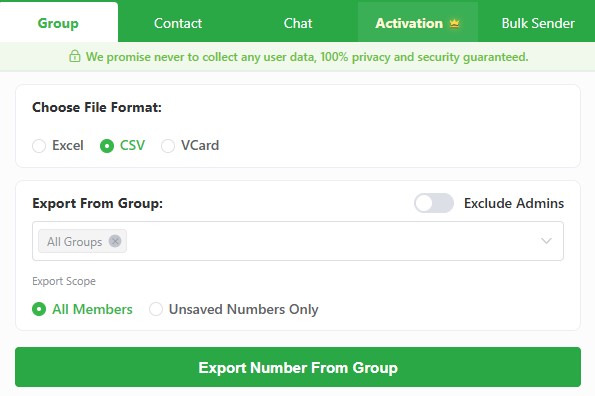 WAExport extension panel on the Group tab showing Excel, CSV and VCard format buttons, an Exclude Admins toggle and an export scope set to All Members