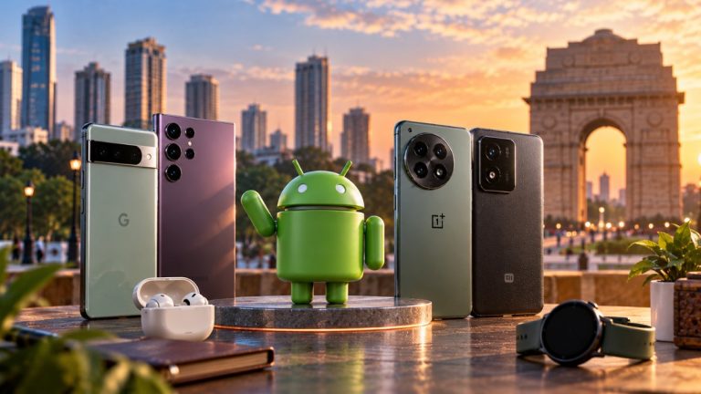 Pixel, Galaxy, OnePlus and Xiaomi phones beside an Android figure in front of India Gate