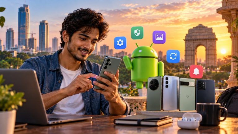 Person in New Delhi checking an Android update on a phone, with Pixel, Galaxy and OnePlus phones on the table