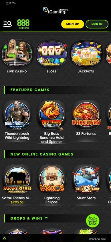 A screenshot of 888 Casino App in Canada