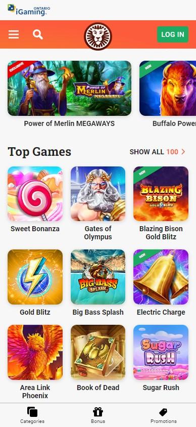A screenshot of LeoVegas Casino App accessible from Canada

