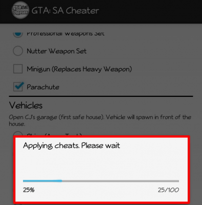 JCheater - progress of applying cheats to GTA SA save game