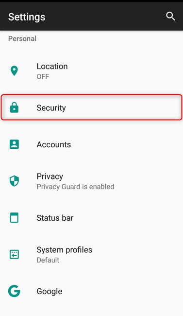 Go to Android Security settings