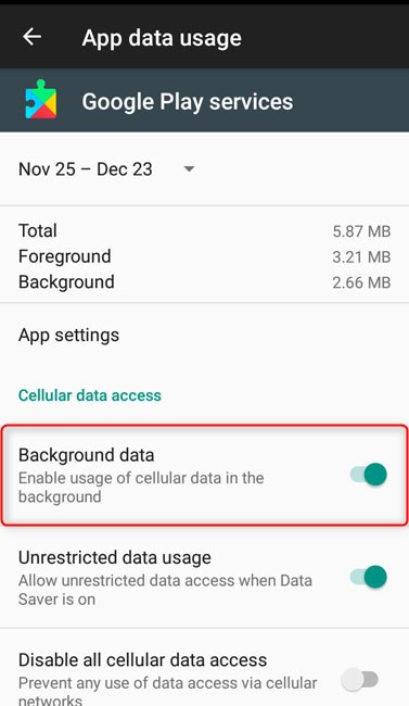 tap on background data toggle button
