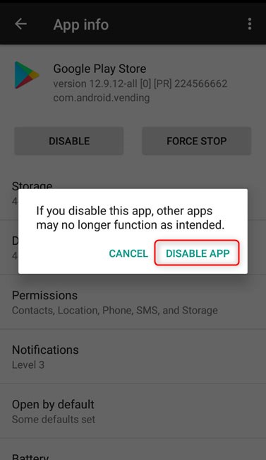 tap on the disable app button