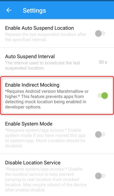 enable indirect mocking on GPS JoyStick app