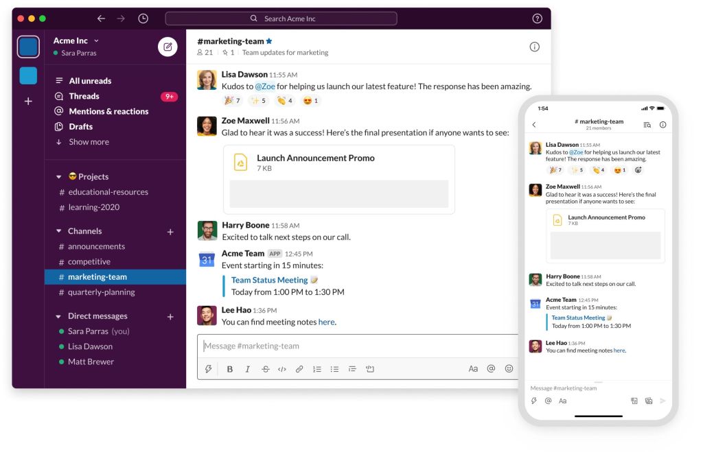 Slack workspace with messages organised into topic channels
